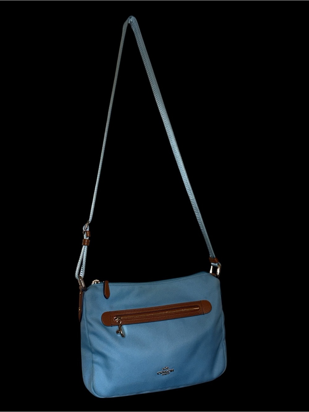 Coach Sky Blue Leather Crossbody with Brown Trim